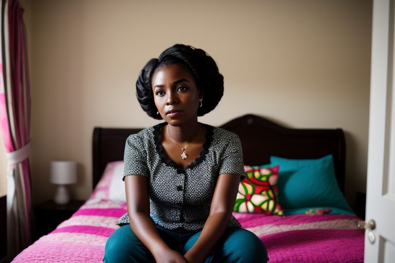 create an image of a black african woman in here mid 50s sad and sitting in her room